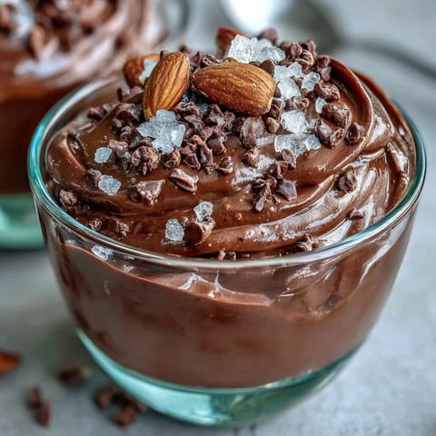 Silky vegan chocolate avocado mousse cups topped with crunchy cacao nibs and flaky sea salt.  