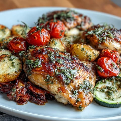 This easy one-pan dinner features tender chicken, fresh vegetables, and crispy potatoes seasoned with Mediterranean herbs and lemon.  