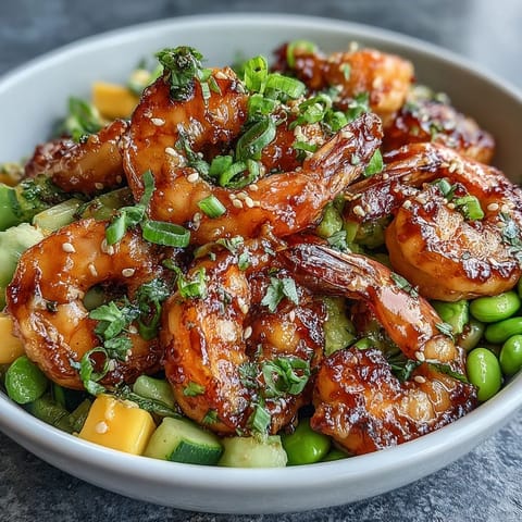 Fresh and colorful shrimp poke bowl featuring juicy mango, tender edamame, and sliced avocado, served over fluffy brown rice with a tangy sesame dressing.