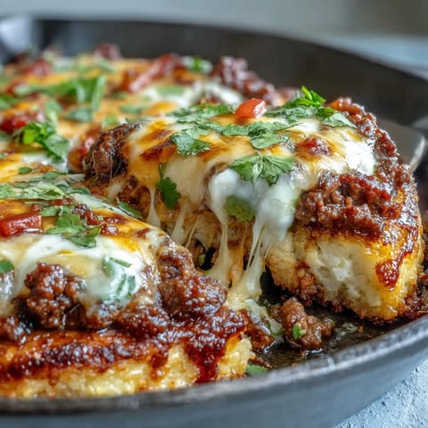 Cheesy cauliflower crust taco skillet with seasoned ground beef and melty cheddar cheese, baked in a skillet for a low-carb, keto-friendly dinner.  