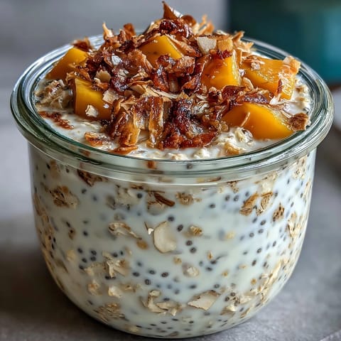 A creamy mango chia overnight oats jar topped with juicy mango chunks and crunchy toasted coconut.