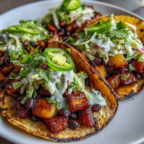 Tropical pineapple black bean tacos with creamy coconut lime slaw and fresh cilantro.  