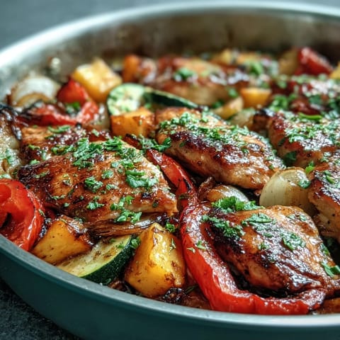 Spicy chili-marinated chicken baked with zucchini, bell peppers, and sweet mango in a single pan.  