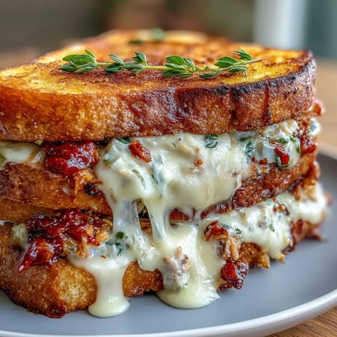 Spicy Tuna Melt with Calabrian Chili on golden sourdough, oozing melted provolone and vibrant chili oil drizzle.  