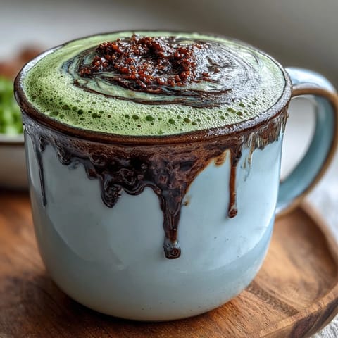 Creamy black sesame matcha latte with a rich, nutty flavor and vibrant green tea aroma, served in a cozy ceramic mug.  