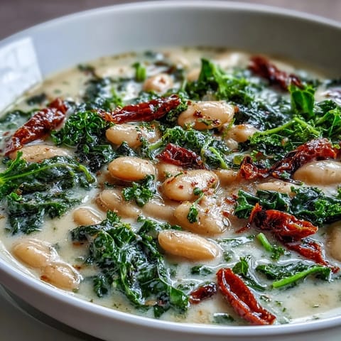 Hearty vegan soup with cannellini beans, sun-dried tomatoes, and lacinato kale in a fragrant garlic cashew cream.  