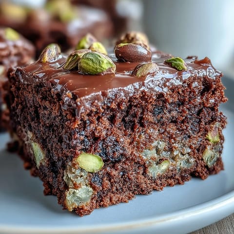 A rich and fudgy Pistachio-Chocolate Snacking Cake with chunks of dark chocolate and roasted pistachios, perfect for dessert or afternoon treats.