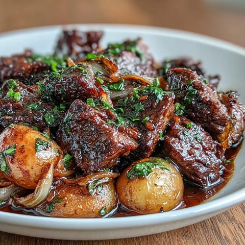 1. A steaming bowl of Japanese nikujaga with tender beef, potatoes, and onions in a glossy soy-mirin sauce, served alongside white rice.  