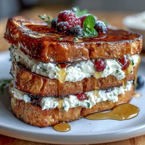 Whipped ricotta spread on golden sourdough toast, drizzled with salted honey and topped with fresh mixed berries.