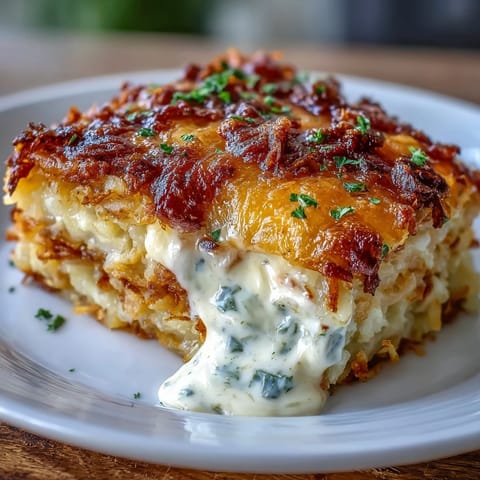 Creamy, savory hashbrown casserole loaded with melted cheddar and topped with a golden crust, perfect for breakfast or brunch.  
