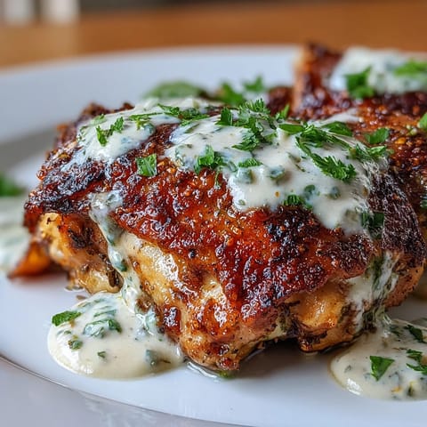 Juicy, zaatar-spiced chicken thighs drizzled with rich tahini-garlic sauce and served with lemon wedges.  