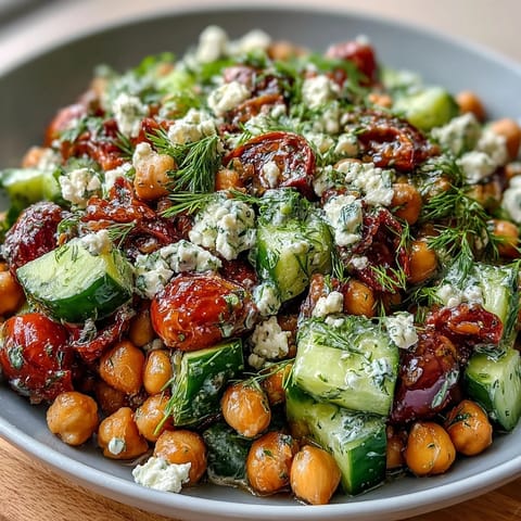 Refreshing Mediterranean chickpea salad featuring crunchy cucumbers, juicy tomatoes, creamy feta, and bright parsley in every bite.  