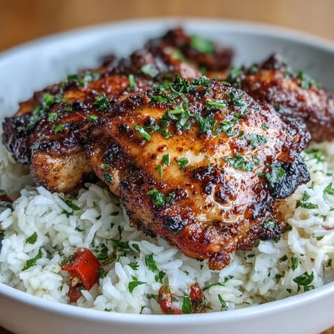 Aromatic Nandos Portuguese chicken and rice, golden-brown thighs atop turmeric-spiced basmati in a vibrant one-pot feast.