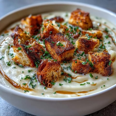 Creamy Leek and Potato Soup with Sourdough Croutons served in a white bowl, garnished with fresh chives and golden croutons.