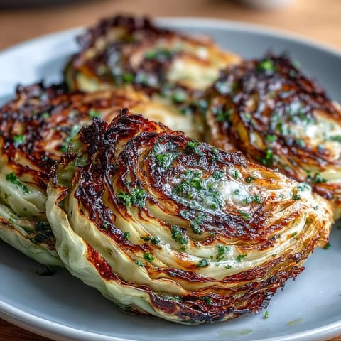 Crispy air fryer cabbage steaks seasoned with smoked paprika and topped with rich garlic butter.  
