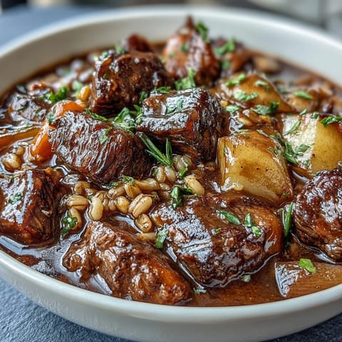Comforting Irish stew featuring Guinness-infused beef, pearl barley, carrots, parsnips, and potatoes in a savory gravy.  