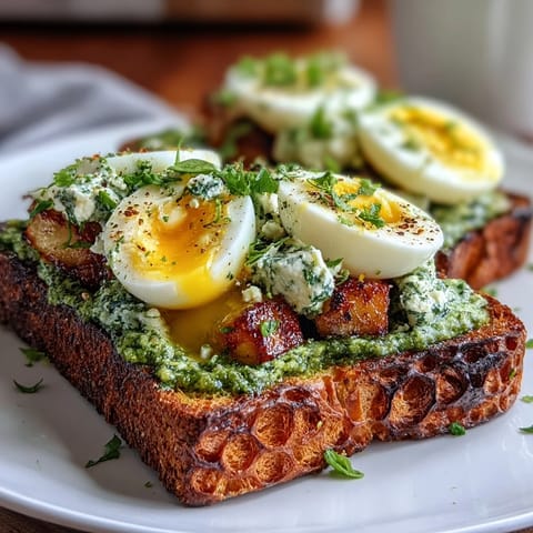 A golden sourdough slice topped with vibrant spinach pesto and a perfectly soft-boiled egg, ready for a healthy breakfast.  