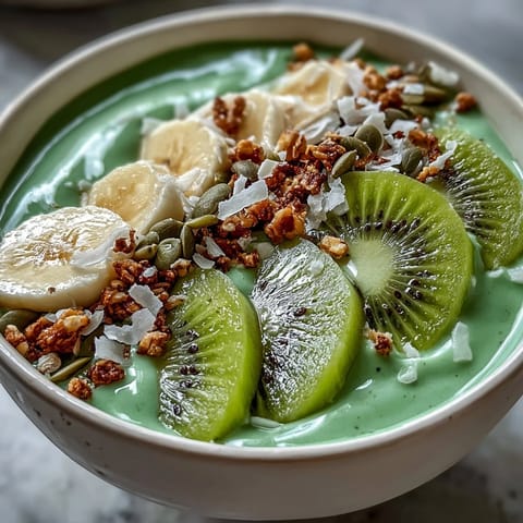 Vibrant green smoothie bowl made with spinach, kiwi, and banana, garnished with coconut and pumpkin seeds.  