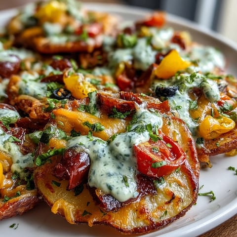 Vibrant rainbow veggie Irish nachos with crispy roasted potato rounds, colorful bell peppers, and melted cheddar cheese. Served with tangy Greek yogurt ranch for a healthier, vegetarian twist on classic nachos.