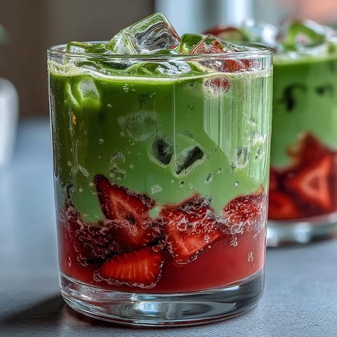 Creamy oat milk blends with fresh strawberries and matcha powder in this refreshing dairy-free latte, perfect for warm days.  