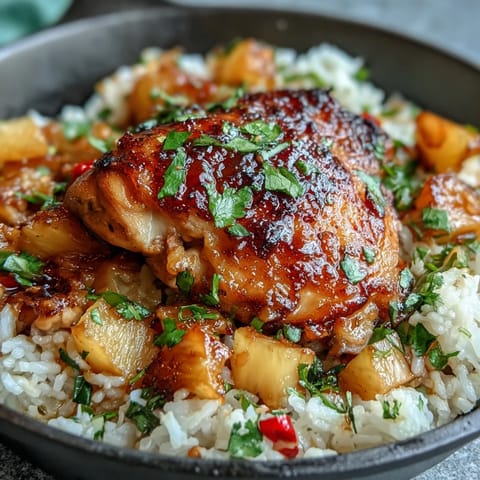 One-Pan Pineapple Chicken and Rice Bake with tender chicken thighs, juicy pineapple, and colorful bell peppers, baked to perfection for a tropical dinner.