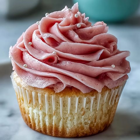 Elegant vanilla cupcakes frosted in soft pink buttercream, decorated with edible pearls, perfect for a bridal shower dessert table.  