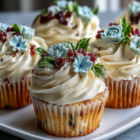 Elegant Baby in Bloom cupcakes with piped floral buttercream, ideal for baby showers and festive gatherings.  