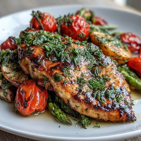Healthy Easy One-Pan Lemon Chicken and Veggie Bake: golden chicken breasts with colorful roasted vegetables in a bright lemon-herb marinade.