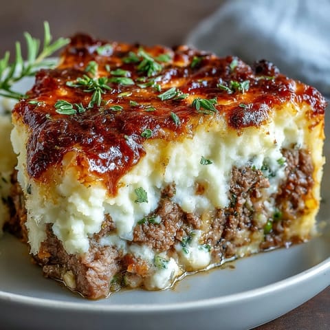 Classic Shepherd's Pie with Cauliflower Mash Topping served in a rustic baking dish, golden topping bubbling around the edges and steam rising from the hearty lamb filling.