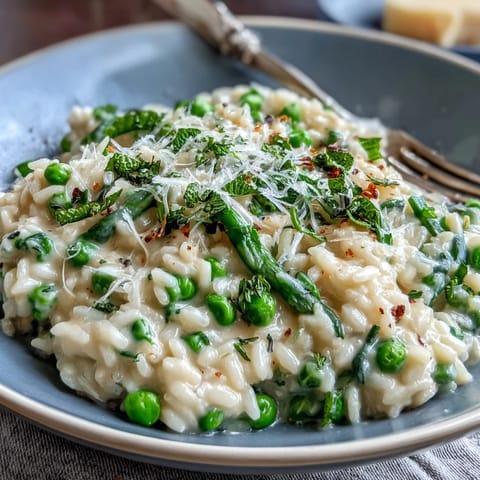 A comforting bowl of Pea and Mint Risotto with Parmesan, showcasing tender Arborio rice, bright green peas, and aromatic herbs, ideal for impressing guests at a spring gathering.