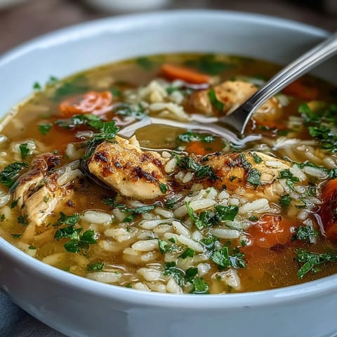 Easy Chicken and Rice Soup in a steaming pot, with tender chicken, carrots, and celery in a savory broth.