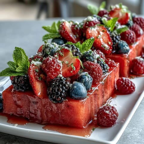 Vibrant watermelon carving board brimming with fresh berries and mint leaves, perfect for summer parties or healthy snacking.
