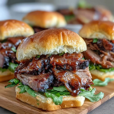 Smoky BBQ brisket sliders piled high on soft buns with tangy slaw and pickles for a perfect party bite.