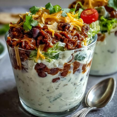 Easy Taco Dip Cups with colorful layers of refried beans, sour cream, and cheese in individual clear cups, perfect for festive parties.