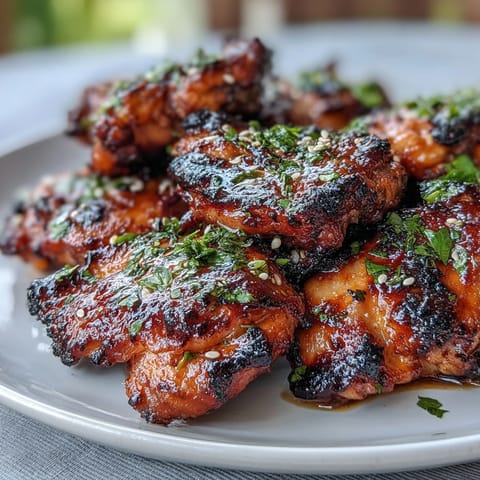 Honey Sriracha Grilled Chicken Thighs sizzling on a hot grill, glazed with a glossy, spicy-sweet sauce and perfect char marks.