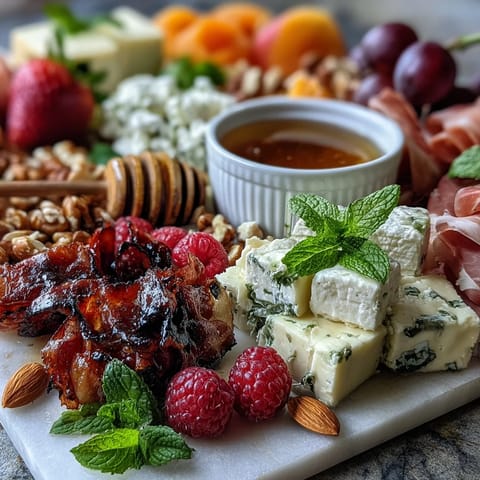 Vibrant spring charcuterie board with edible flowers, fruits, cured meats, and cheeses arranged for a seasonal feast.  