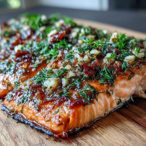 Cedar Plank Salmon with Garlic Dill sizzling on a smoky cedar plank, fresh herbs and lemon slices adding vibrant aroma and flavor.