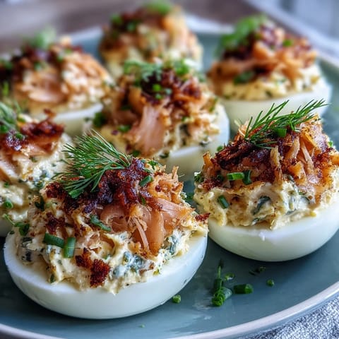 Creamy deviled eggs topped with smoked salmon and everything bagel seasoning for a savory brunch appetizer.