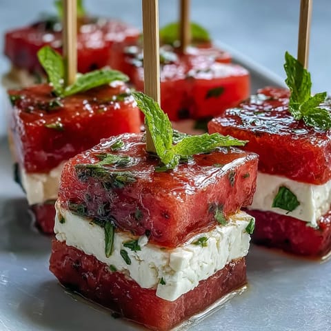 Juicy watermelon, creamy feta, and fresh mint arranged on skewers for a vibrant summer appetizer.  