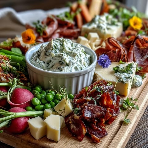 Fresh spring charcuterie board with radishes, peas, and herb dip, featuring colorful vegetables and savory meats.  