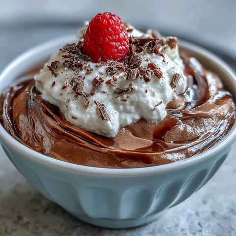 Silky cottage cheese chocolate mousse garnished with shaved dark chocolate, offering a rich, protein-packed treat in elegant serving glasses.