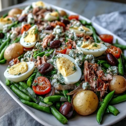 Vibrant Niçoise salad platter featuring flaky tuna, tender green beans, baby potatoes, and halved eggs with olives and tomatoes.  