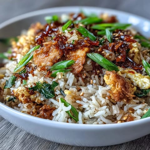 Aromatic fried rice with scrambled eggs and chili crisp, garnished with fresh scallions and sesame seeds for extra flavor.