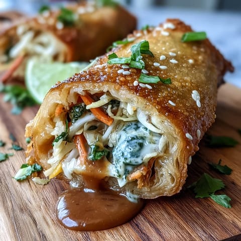 Golden crispy spring rolls filled with fresh vegetables and vermicelli, served with a creamy peanut dipping sauce for a satisfying appetizer.