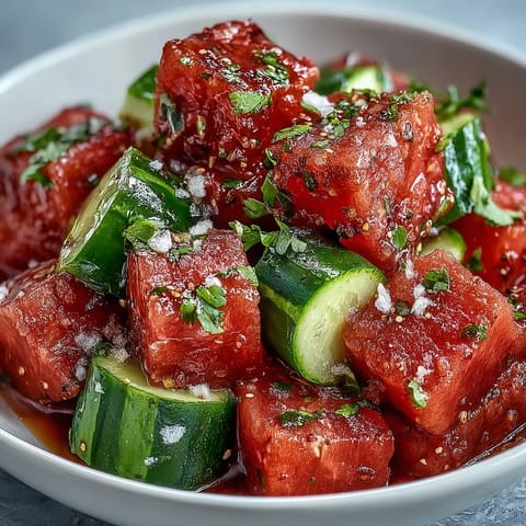 Bright watermelon cucumber salad with Tajin, lime, and cilantro bursts with freshness.