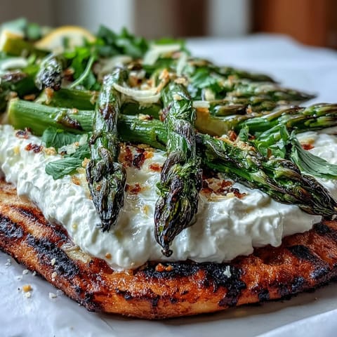 Roasted Asparagus Flatbread with Burrata, bright with lemon zest, served warm.