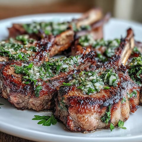 Close-up of tender lamb chops sizzling in a hot skillet, infused with garlic and herb gremolata aroma.