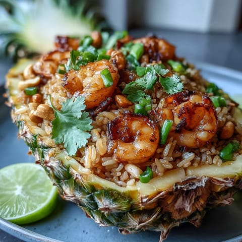 Vibrant pineapple fried rice with juicy pineapple chunks, tender shrimp, and colorful vegetables served in a carved pineapple shell.  