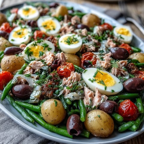 Spring Niçoise Salad with tuna, green beans, potatoes, and soft-boiled eggs, drizzled with zesty Dijon vinaigrette.  