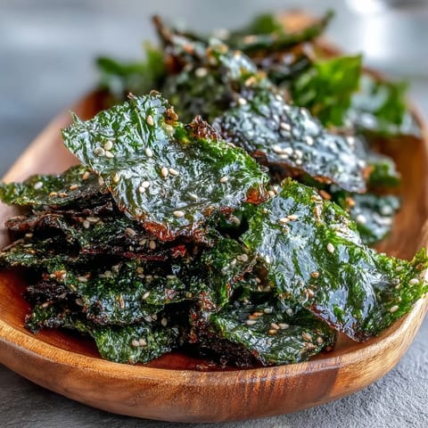 Crispy seaweed snack chips with sesame seeds and sea salt, baked golden.